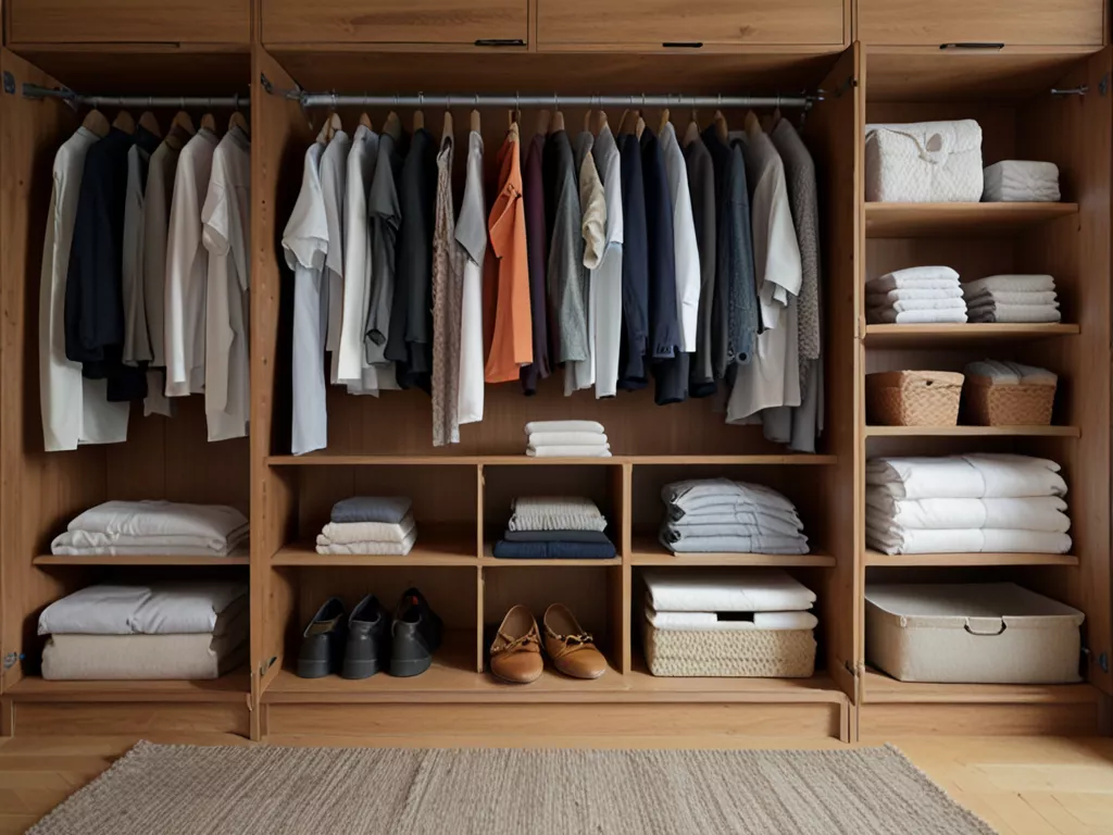 Netjes geordende kledingkast met opgevouwen kleding en schappen