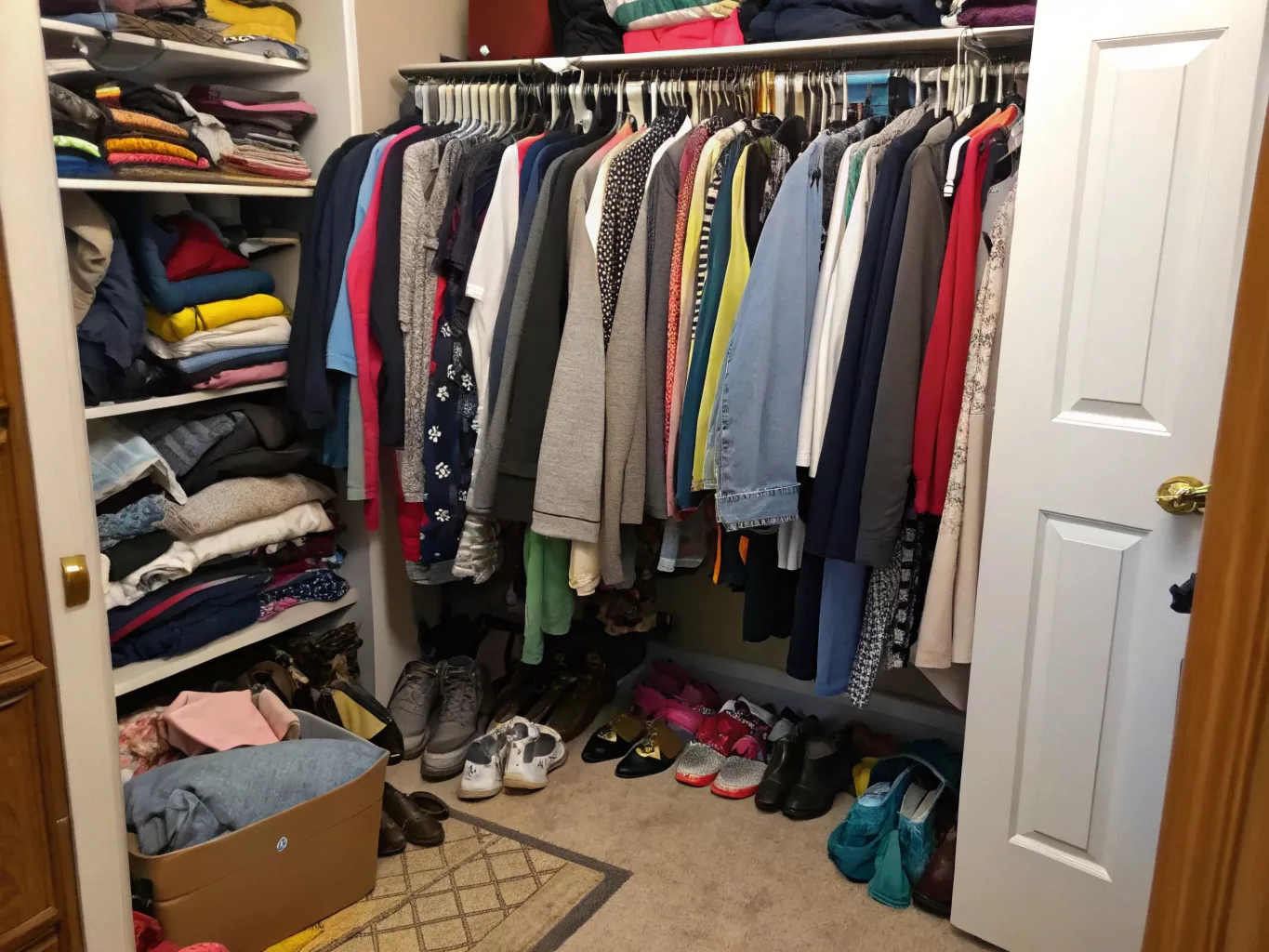 Rommelige kast met kleding die door elkaar hangt